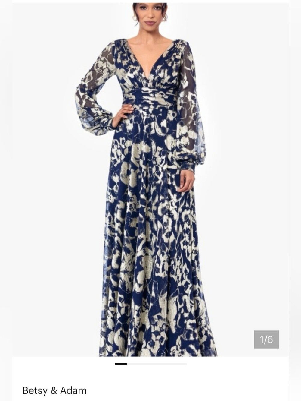 Betsy & Adam Navy blue and Gold V-Neck Long Sleeve Evening Dress plus 20